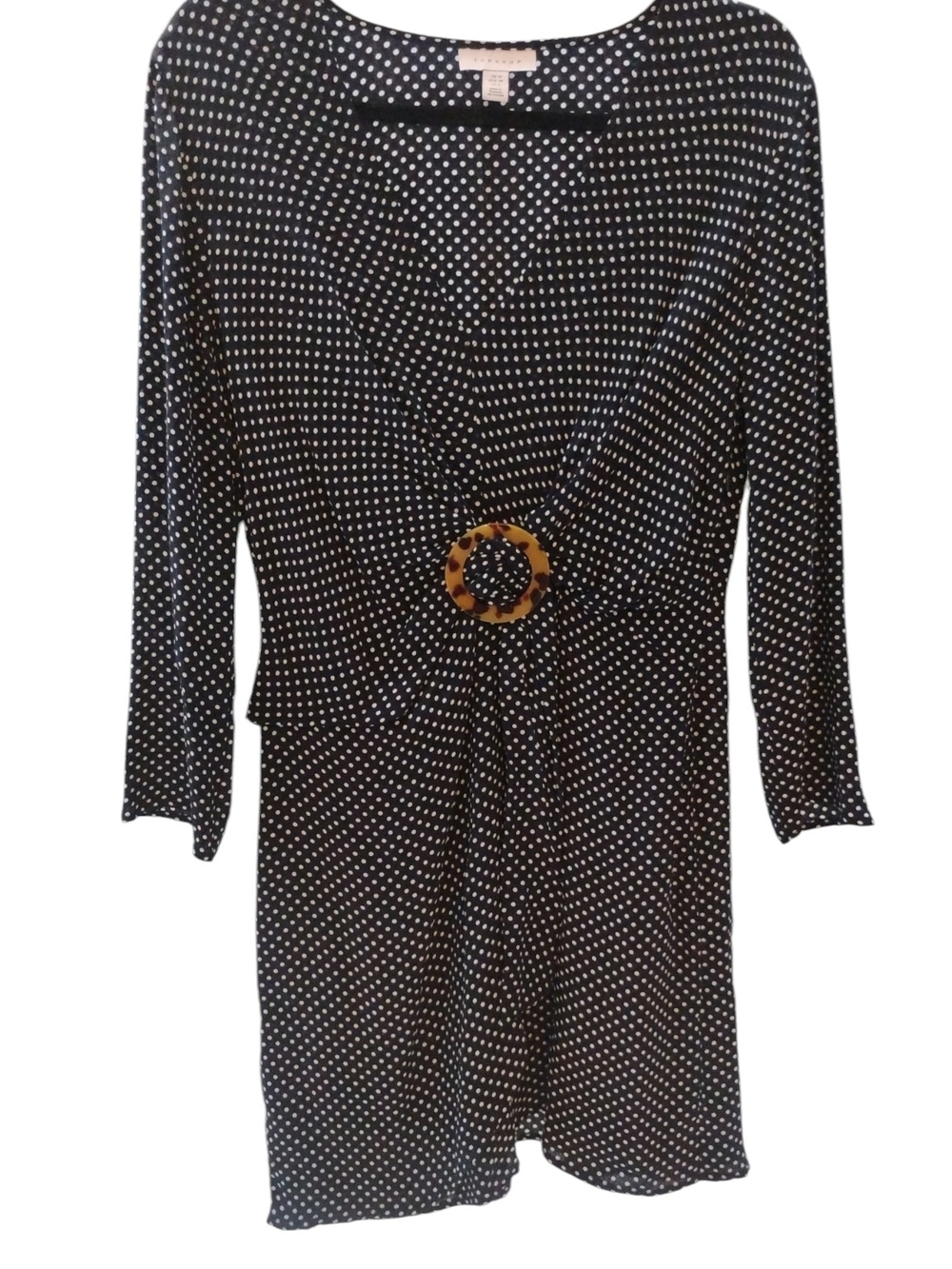 Topshop Navy Polka Dot Belted Dress with Tortoiseshell Buckle SZ 6